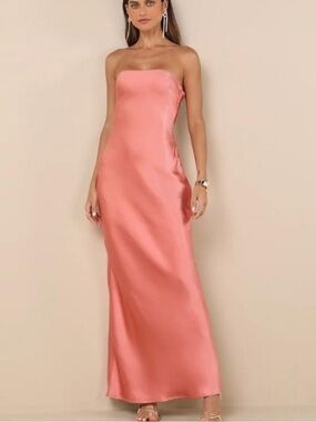 NWT Lulus Elliette Peach Pink Satin Strapless Cowl Back Maxi Dress